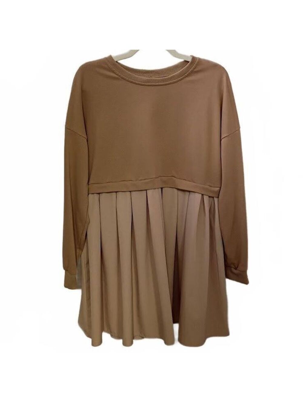 Beige Brown Long Sleeve Pleated Dress Size S